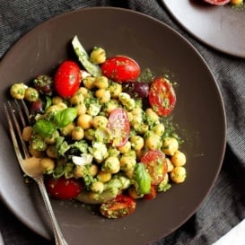 pesto chickpea salad on a plate with a fork