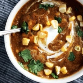 vegan sweet potato corn chowder in a bowl