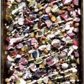 roasted rainbow veggies on a baking sheet