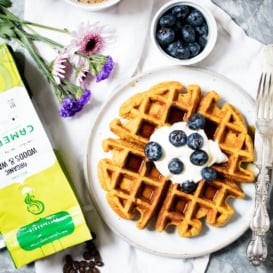sweet potato protein waffles on a plate