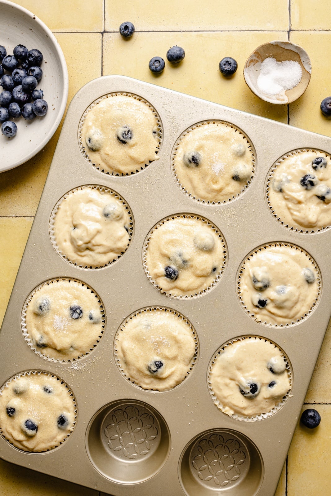 unbaked blueberry yogurt muffins in a muffin tin