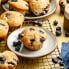 blueberry yogurt muffins on plates and on a wire rack
