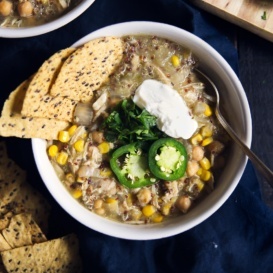 salsa verde chicken chickpea chili in a bowl