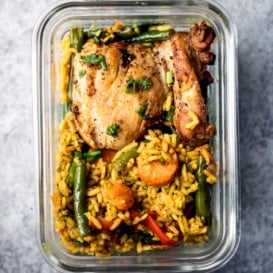 chicken, rice and veggies in a meal prep container