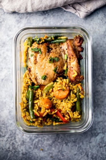 chicken, rice and veggies in a meal prep container