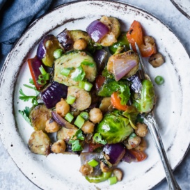 brussels sprouts stir fry with chickpea on a plate