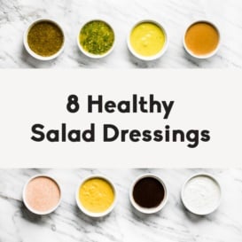 collage of 8 healthy salad dressings