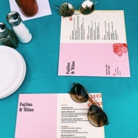 sunglasses and menus on a blue table
