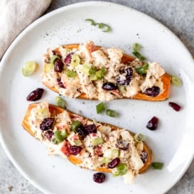 apple tuna salad on sweet potato toast on a plate