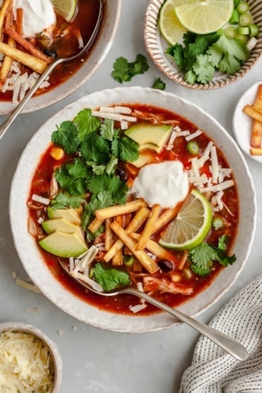 slow cooker soup in a bowl with tortilla strips, avocado, cilantro, cheese and sour cream