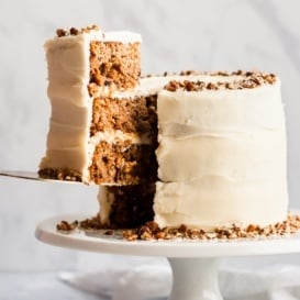 gluten free carrot cake on a cake stand