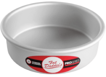 silver cake pan with a red label