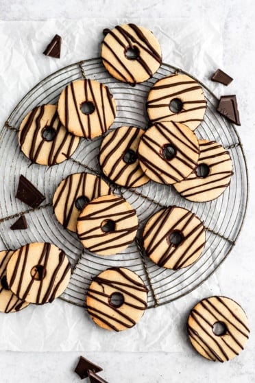 paleo fudge striped shortbread cookies on a wire rack