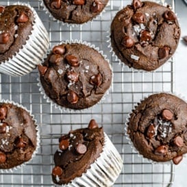 healthy chocolate spinach muffins on a wire rack