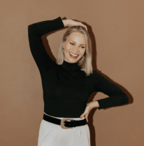 blonde woman in a black turtleneck