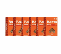 six orange boxes of pasta
