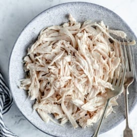 shredded chicken in a bowl with two forks