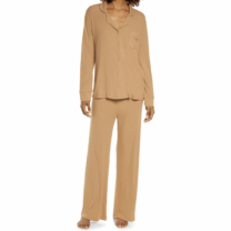 woman in tan pajamas