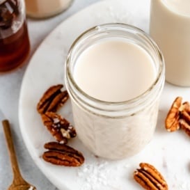 homemade pecan milk in a glass