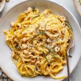 brown butter acorn squash pasta in a bowl