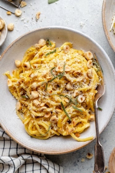 brown butter acorn squash pasta in a bowl