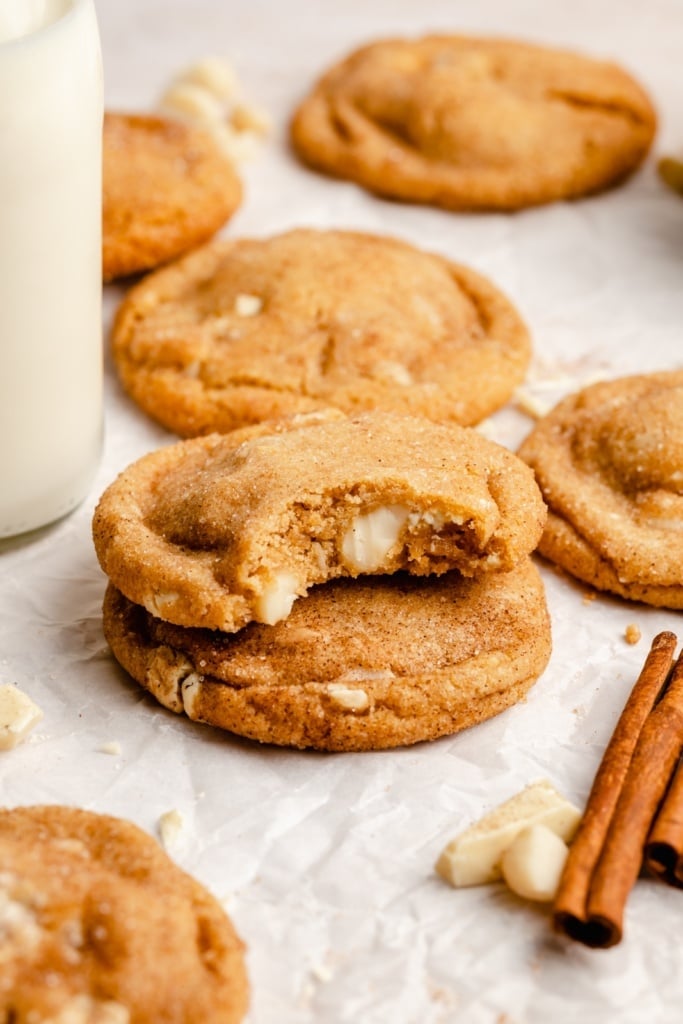 white chocolate macadamia snickerdoodle with a bite taken out