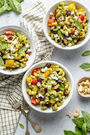 roasted vegetable pasta in three bowls