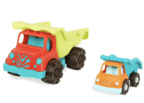 two toy dump trucks