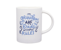 white mug with blue writing