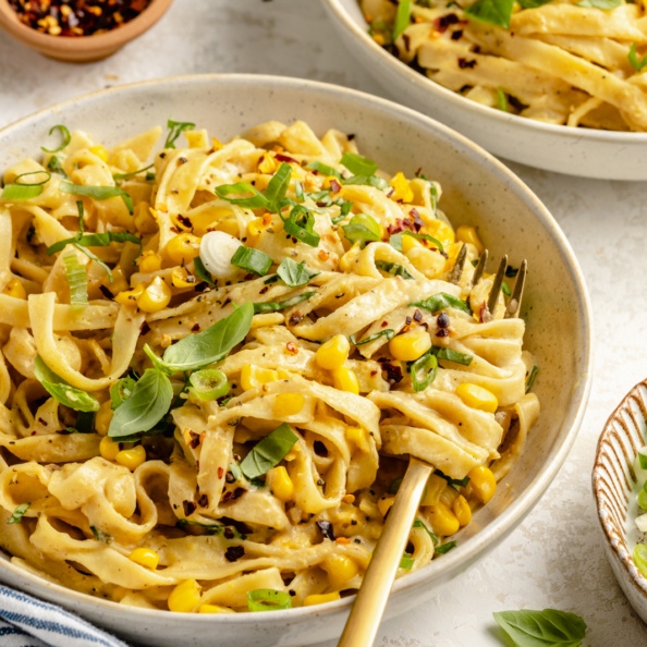 sweet corn ricotta pasta in a bowl
