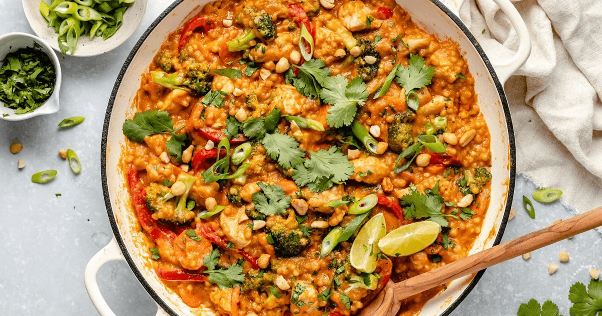 One Pan Creamy Thai-Inspired Peanut Chicken Couscous