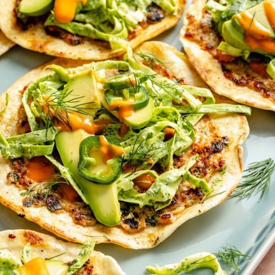 Smashed Buffalo Chicken Tacos with Herby Ranch Slaw