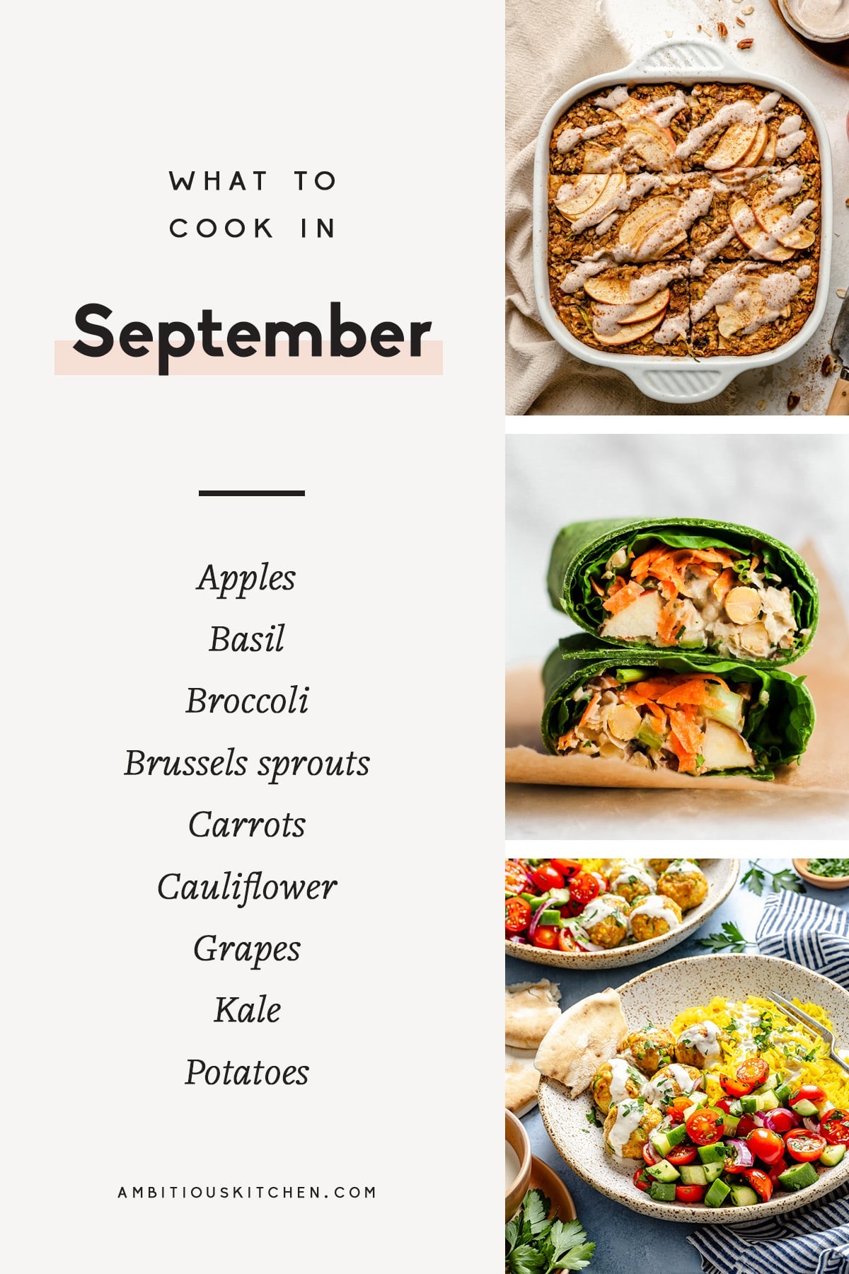 30 incredible, seasonal recipes to cook in September! You'll find a delicious mix of sweet & savory recipes for every meal of the day using up the last of summer produce, plus apples, leafy greens, and even a pumpkin sneak peek. Enjoy a new recipe each day this month, and celebrate delicious fall produce. collage of recipes to cook in september