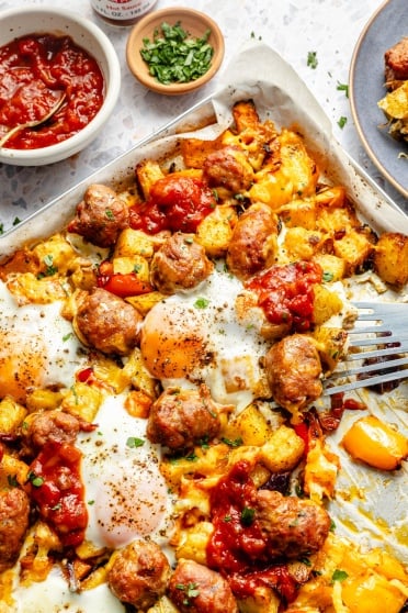 sausage sweet potato breakfast hash on a sheet pan