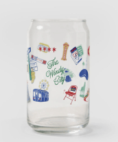 glass with icons on it