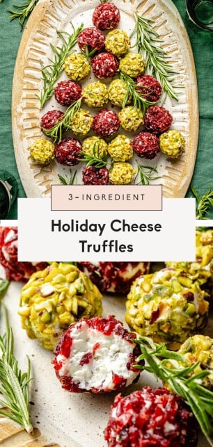 collage of holiday cheese truffles