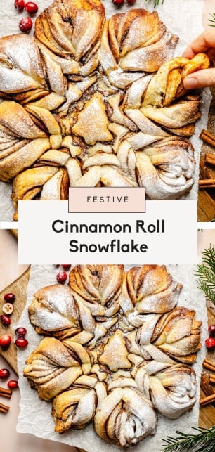 collage of a cinnamon roll snowflake recipe