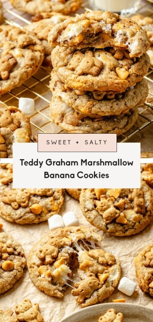 collage of teddy graham marshmallow banana cookies