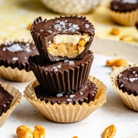 chocolate banana peanut butter cups in a stack
