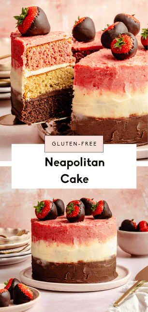Neapolitan cake with chocolate covered strawberries on top