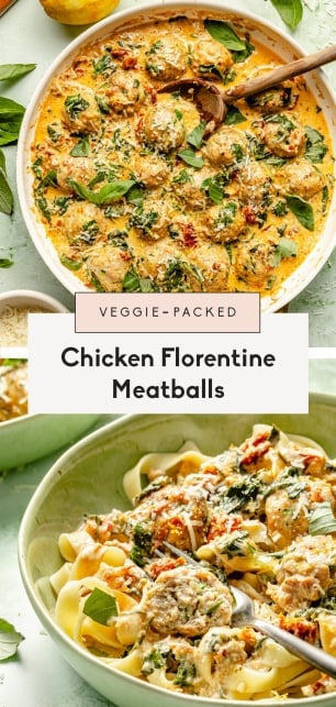 collage of chicken florentine meatballs