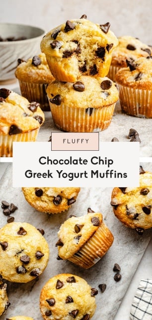 collage of chocolate chip yogurt muffins