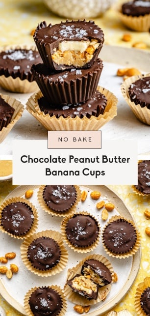 collage of chocolate peanut butter banana cups