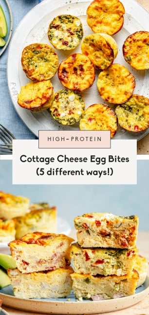 collage of high-protein cottage cheese egg bites