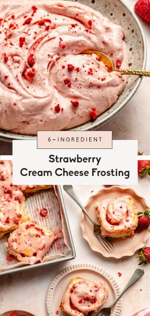 collage of a strawberry cream cheese frosting recipe