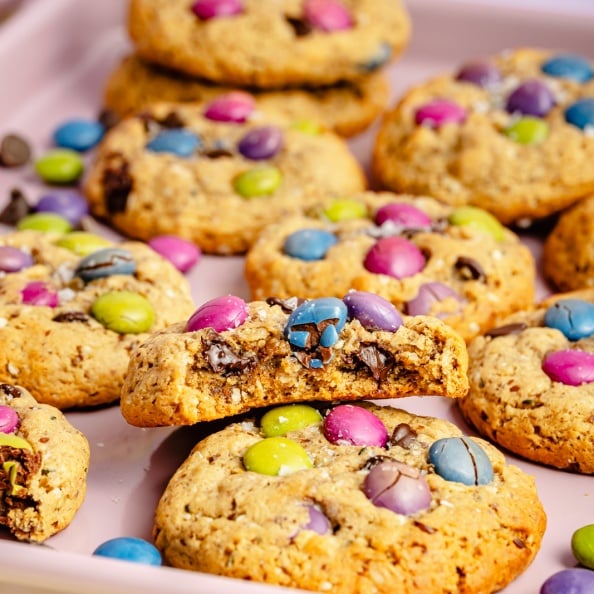 lactation monster cookies on a baking sheet