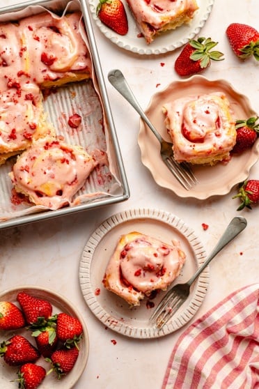 strawberry sweet rolls in a pan and on two plates