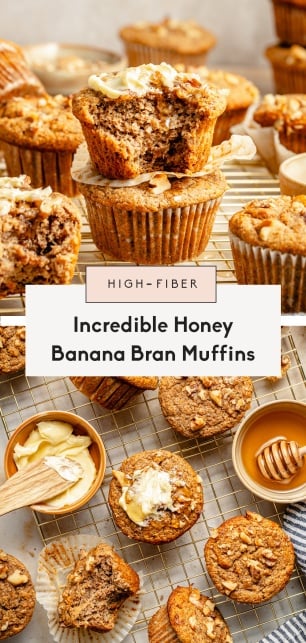 collage of banana bran muffins