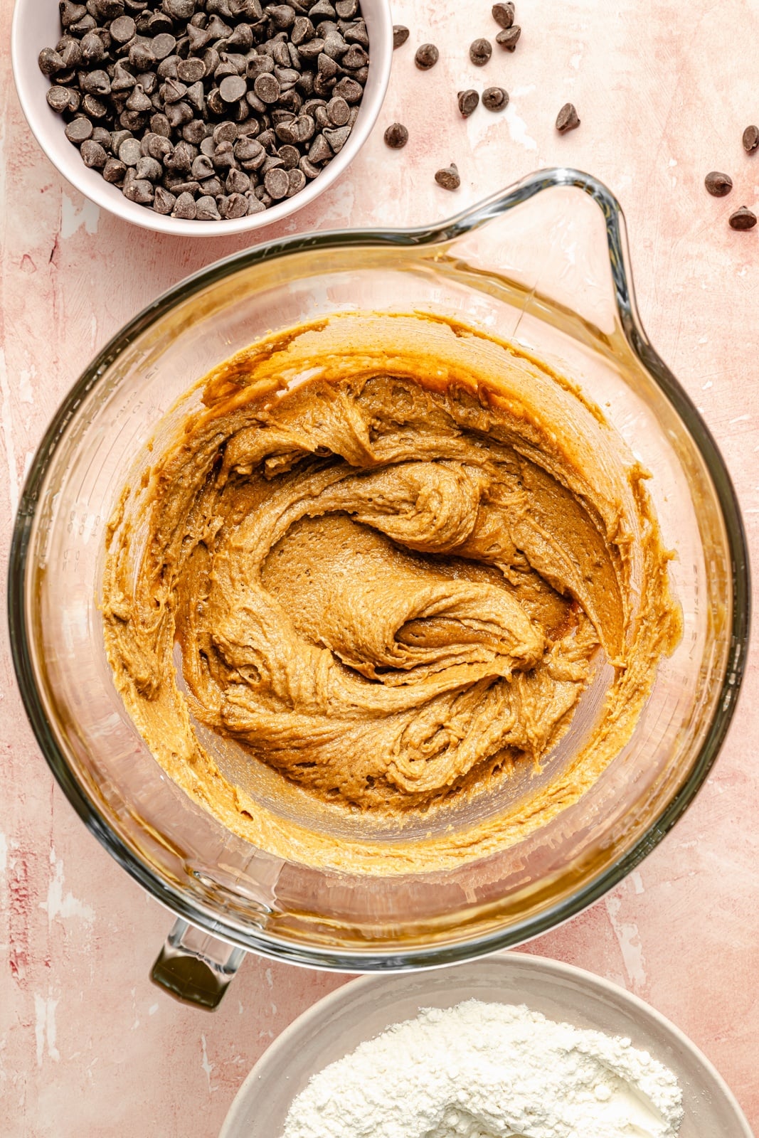 dough for scoopable cookies in a glass bowl