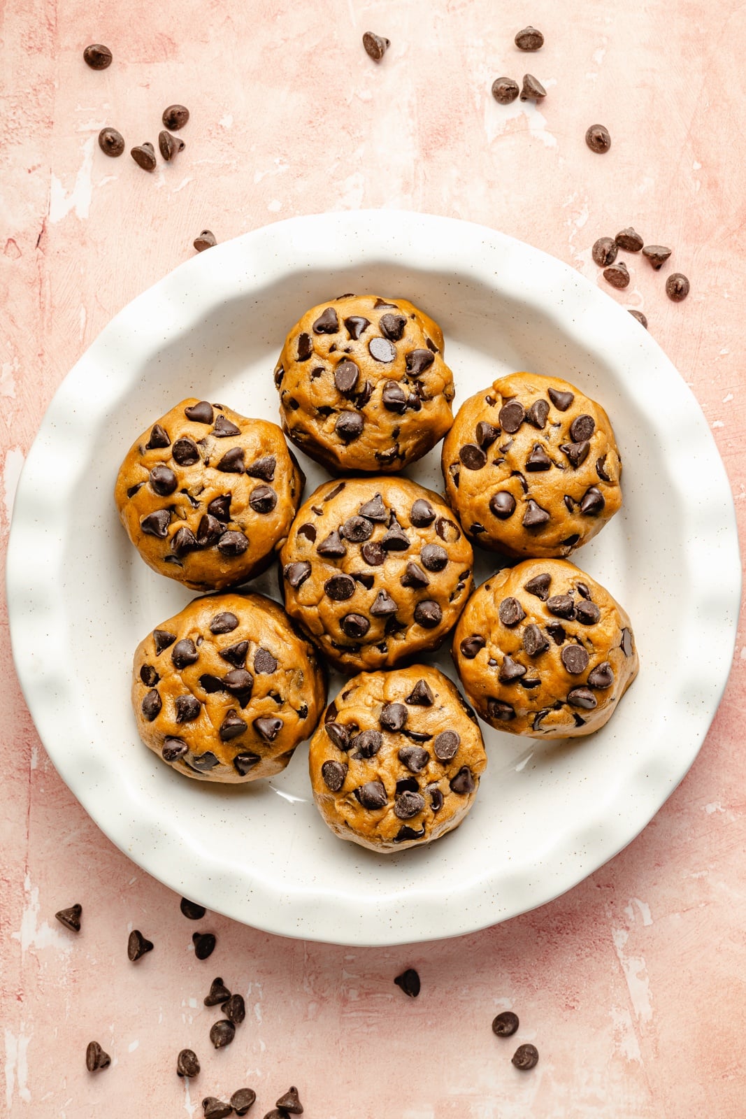 unbaked scoopable chocolate chip cookies in a pan